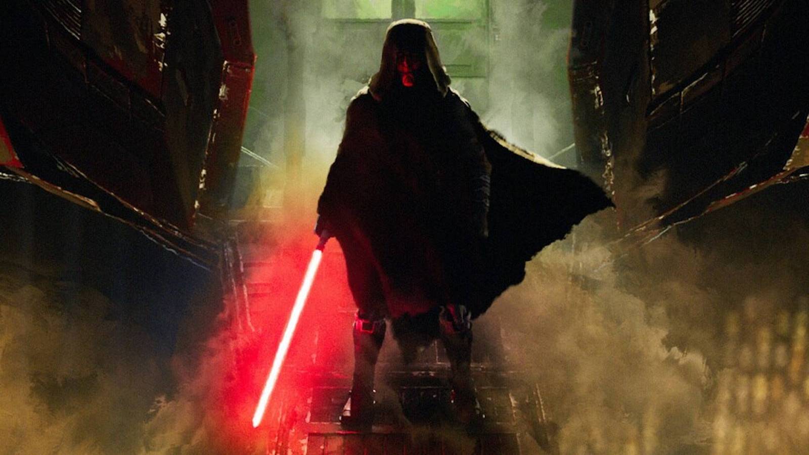 Maul holds his red lightsaber as he gets out of a jet with a hood covering part of his face.