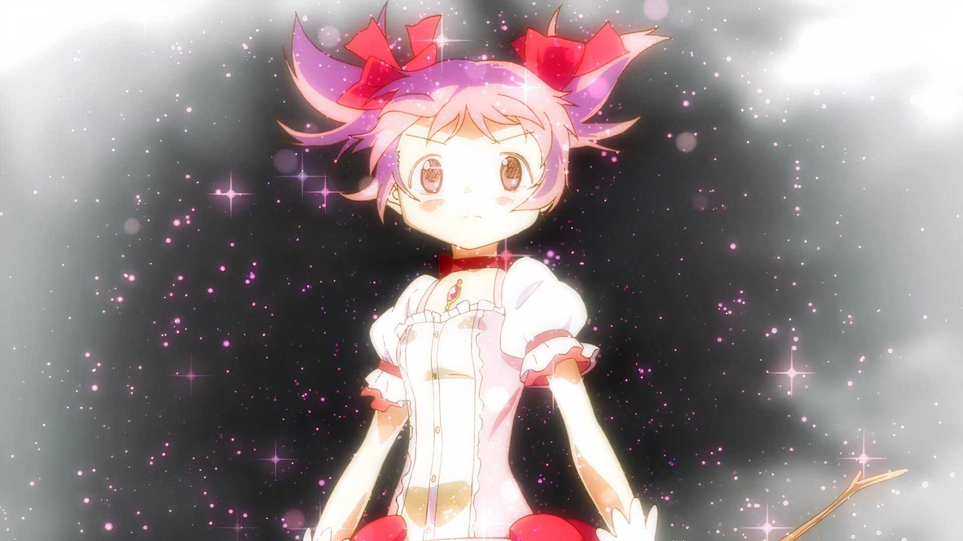 Madoka Kaname looking boldly toward the viewer in her magical girl outfit in space in Puella Magi Madoka Magica.
