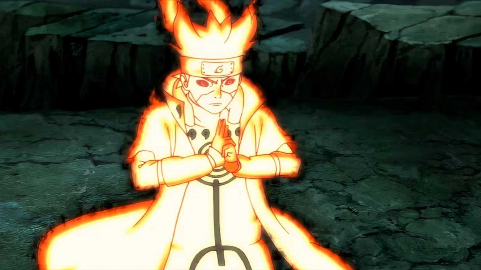 Naruto with his hands clapsed together to perform a jutsu while in Kurama Chakra Mode 2 in Naruto Shipuuden