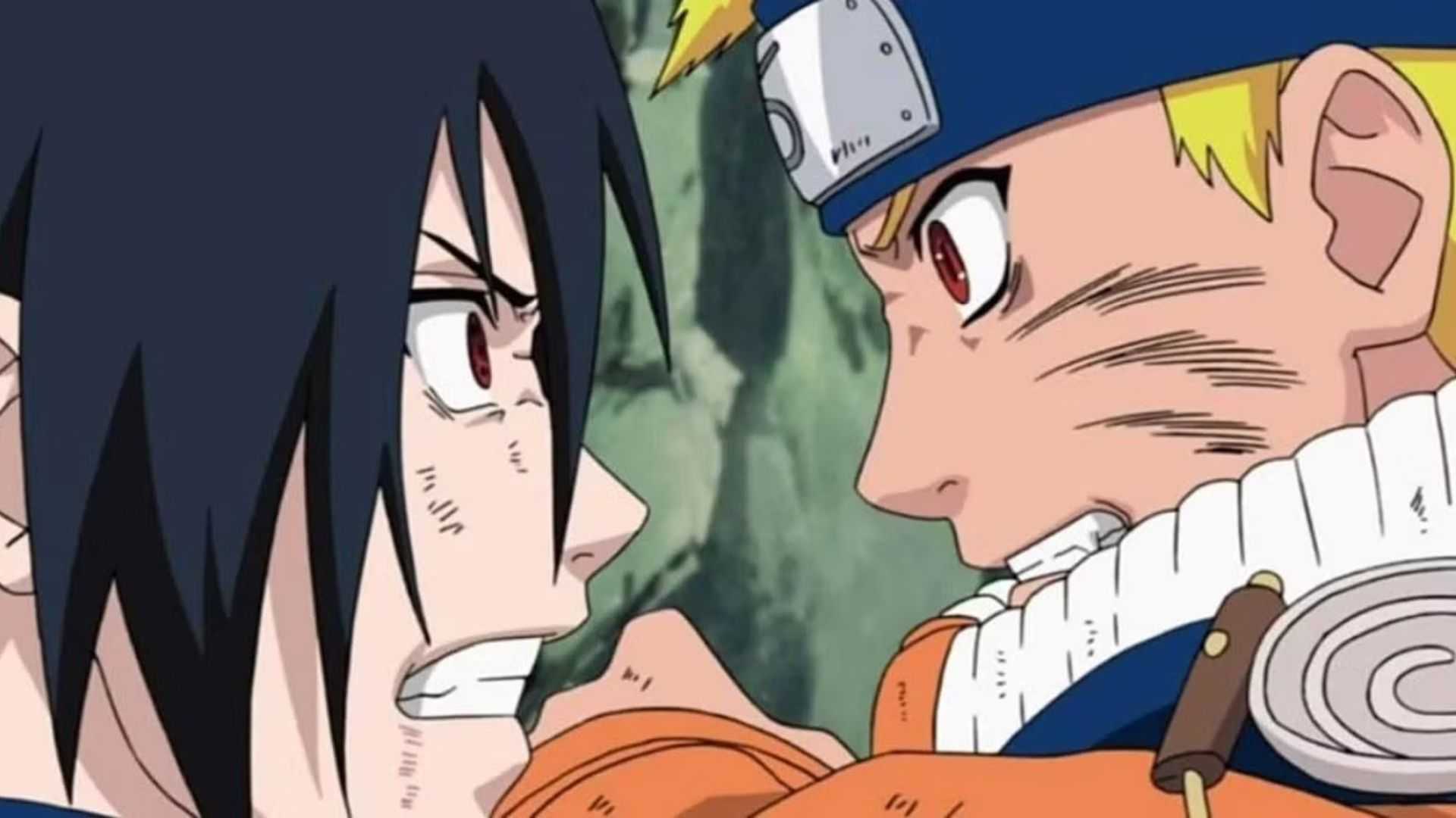 Naruto Uzumaki and Sasuke Uchiha are confronting each other with aggravated expressions during their first fight in Naruto.