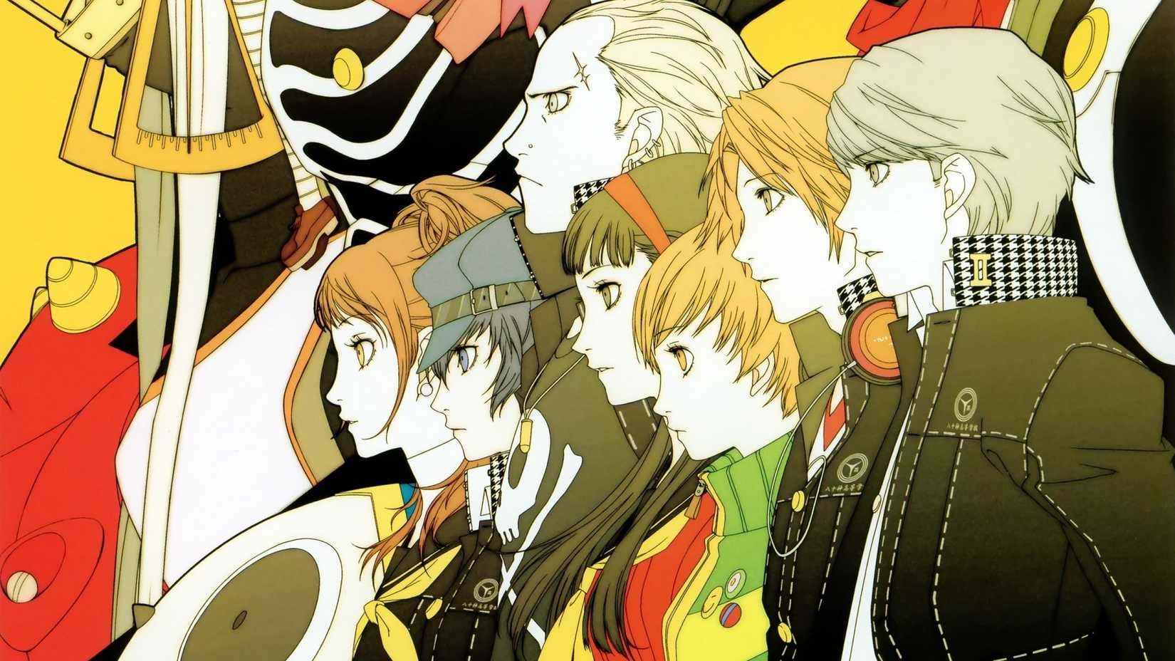 The protagonist, Yosuke Hanamura, Chie Satonaka, Yukiko Amagi, and the other protagonists of Persona 4 standing together