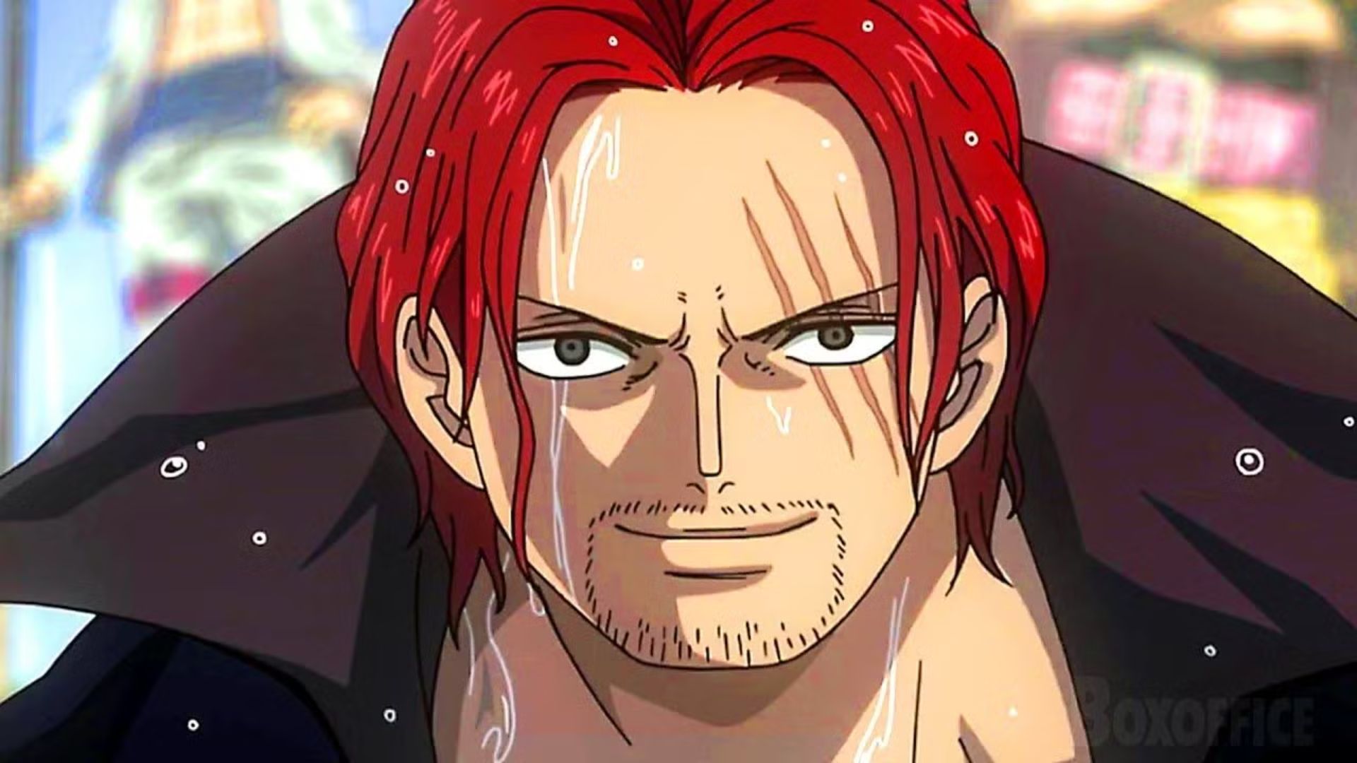 One Piece Emperor Red Haired Shanks close-up on scars and water running down his face.