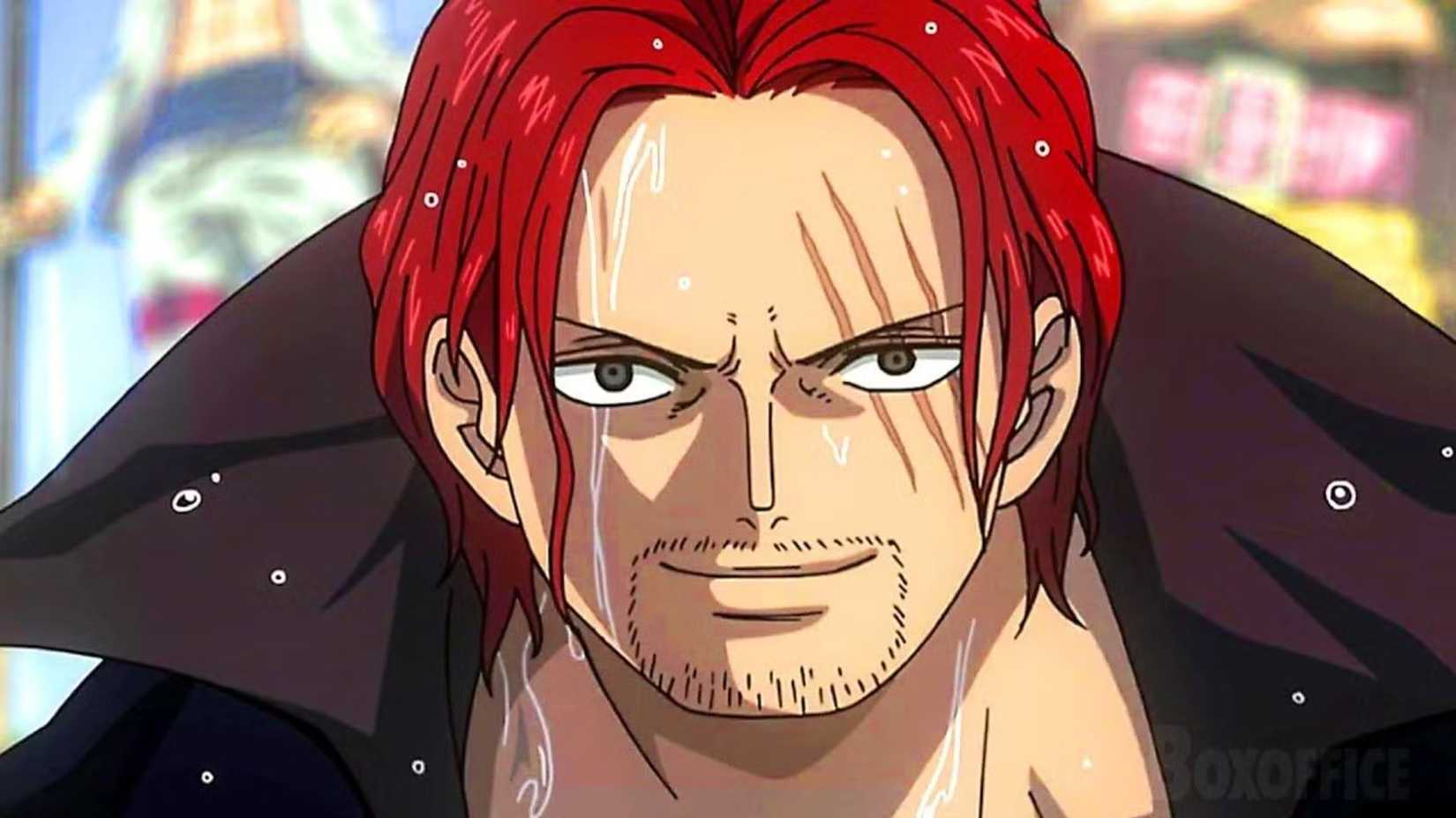 One Piece Emperor Red Haired Shanks gros plan sur les cicatrices et l'eau qui coule sur son visage.