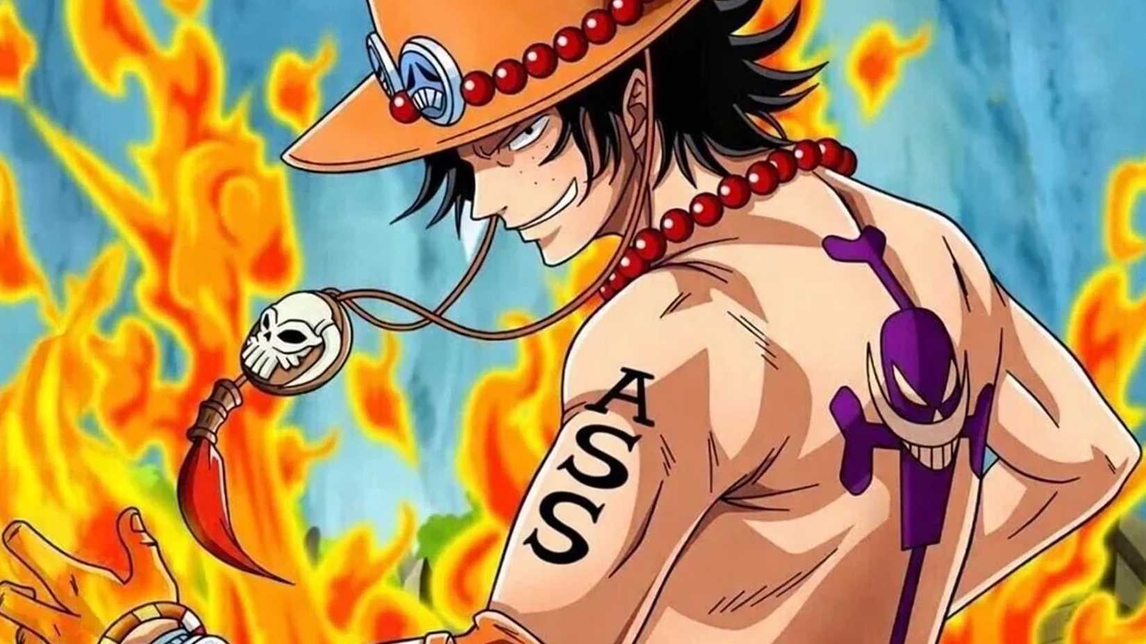 One Piece's Ace smirking arrogantly as fire surrounds him