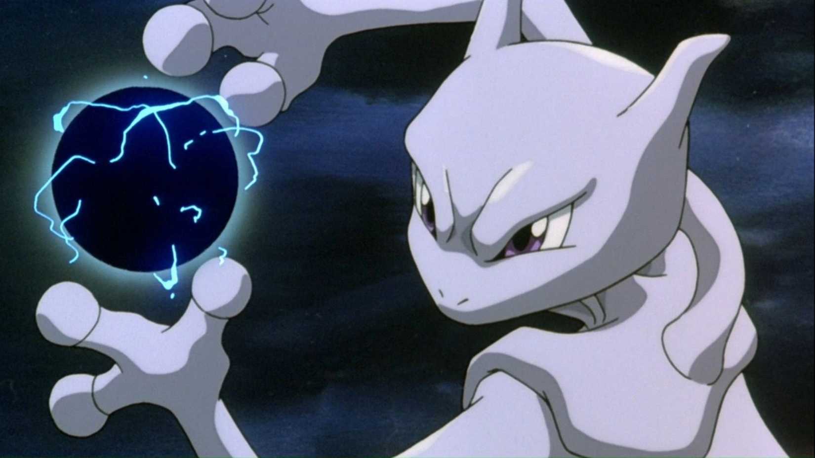 Mewtwo charging an attack in Pokemon: Mewtwo Strikes Back movie