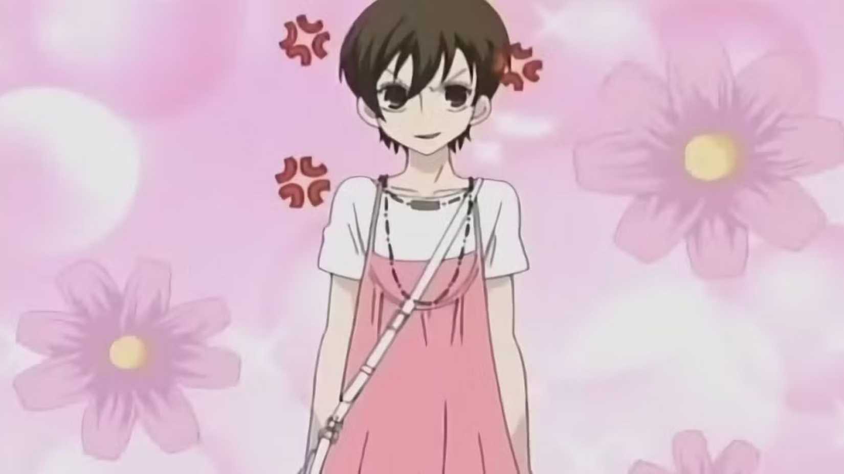 Haruhi wearing a pink dress over a t-shirt in Ouran High School Host Club.