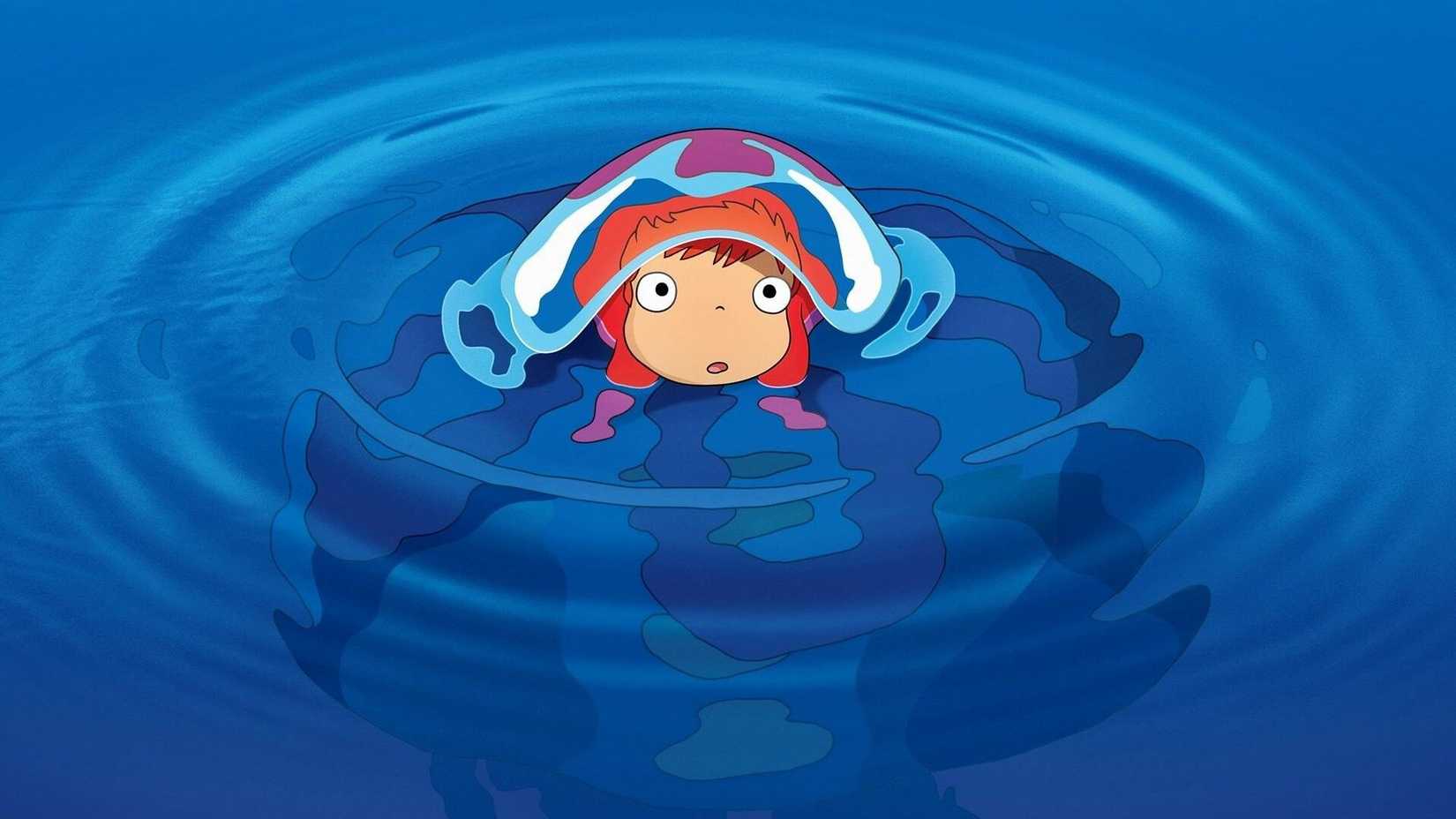 Ponyo in her goldfish form, rising out of the ocean underneath a jellyfish