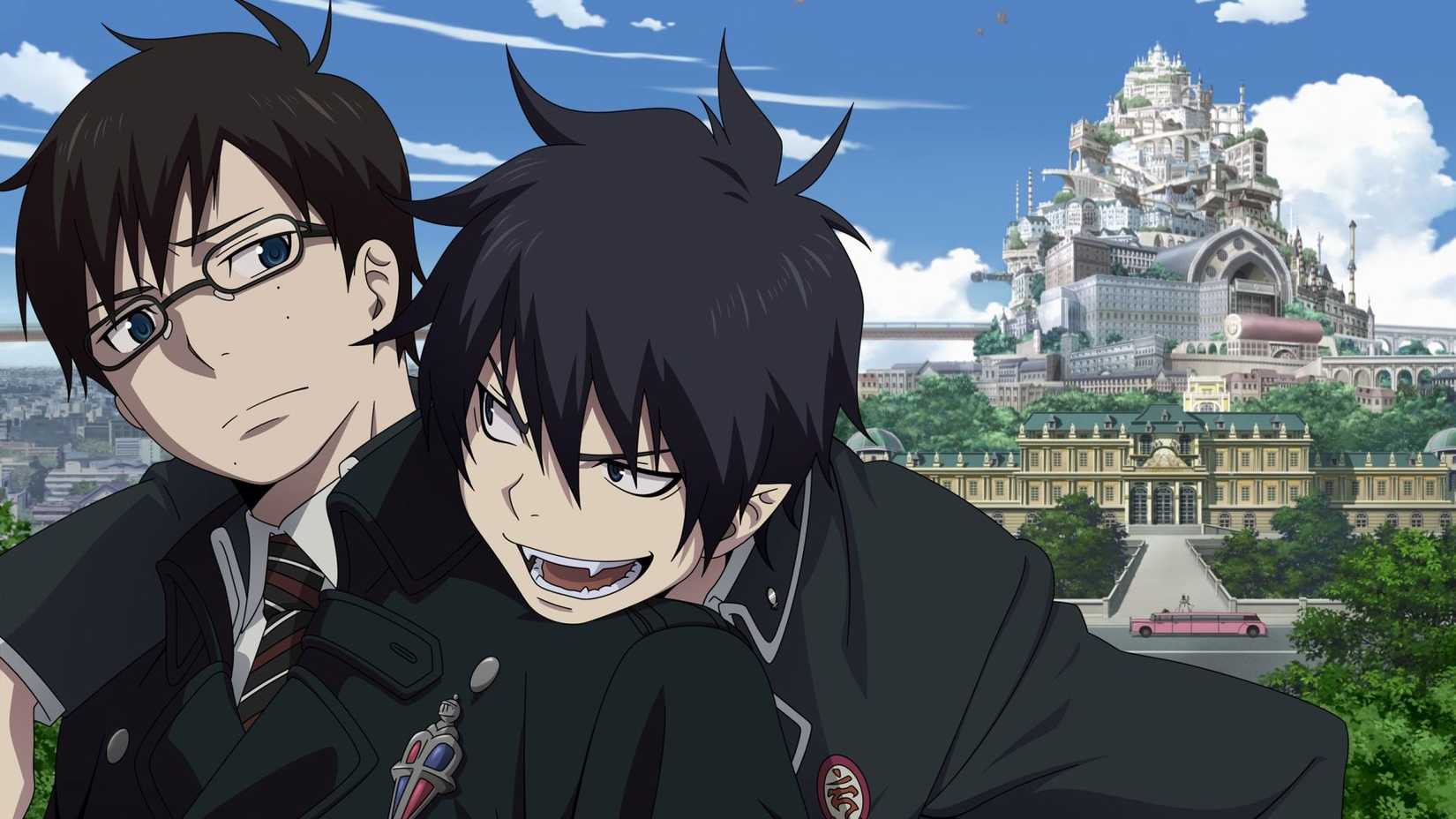 Rin and Yukio Okumura with the city in the background in Blue Exorcist