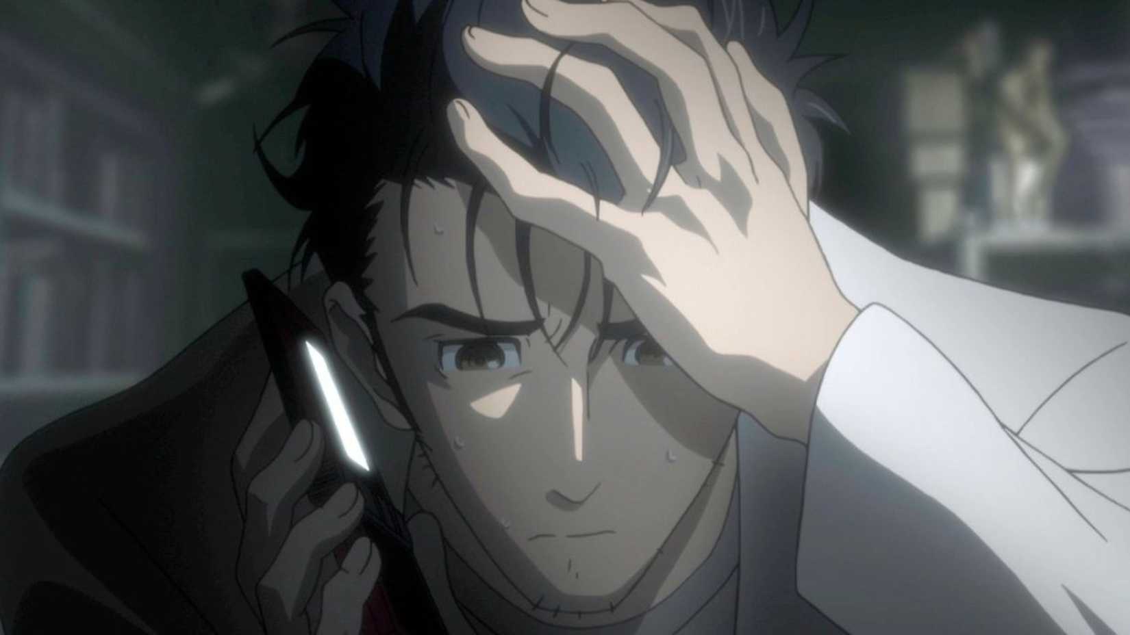 Rintaro Okabe appearing stressed while holding a cell phone to his ear in Steins;Gate