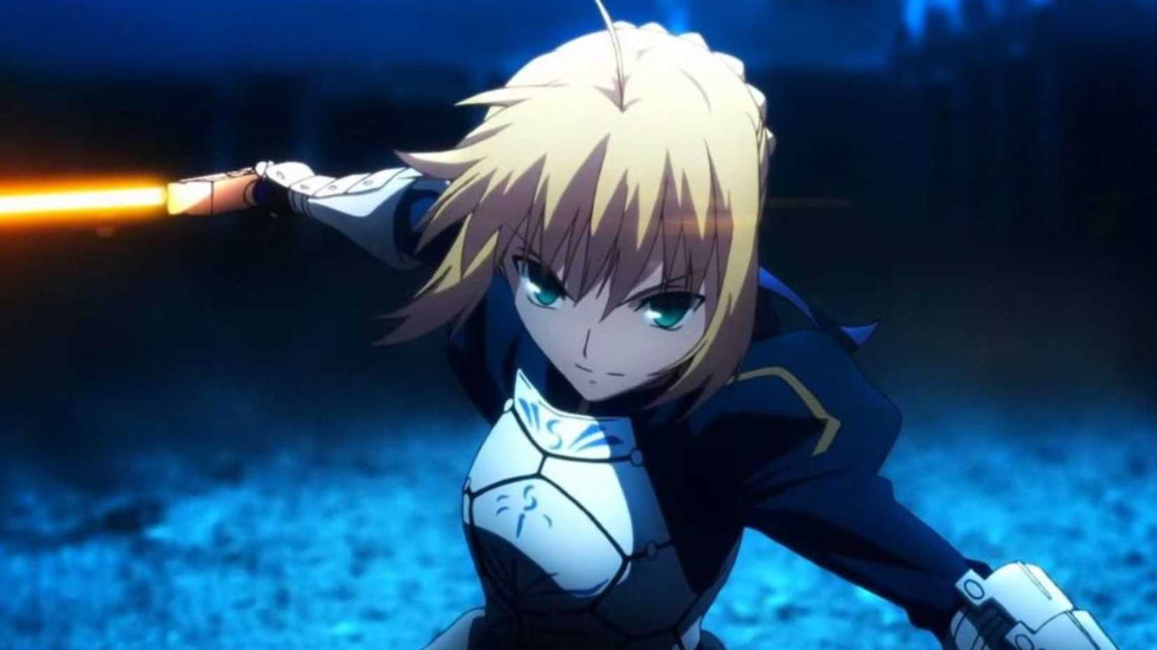 Saber, otherwise known as Artoria Pendragon, has her sword out as she charges forward in Fate/Zero.