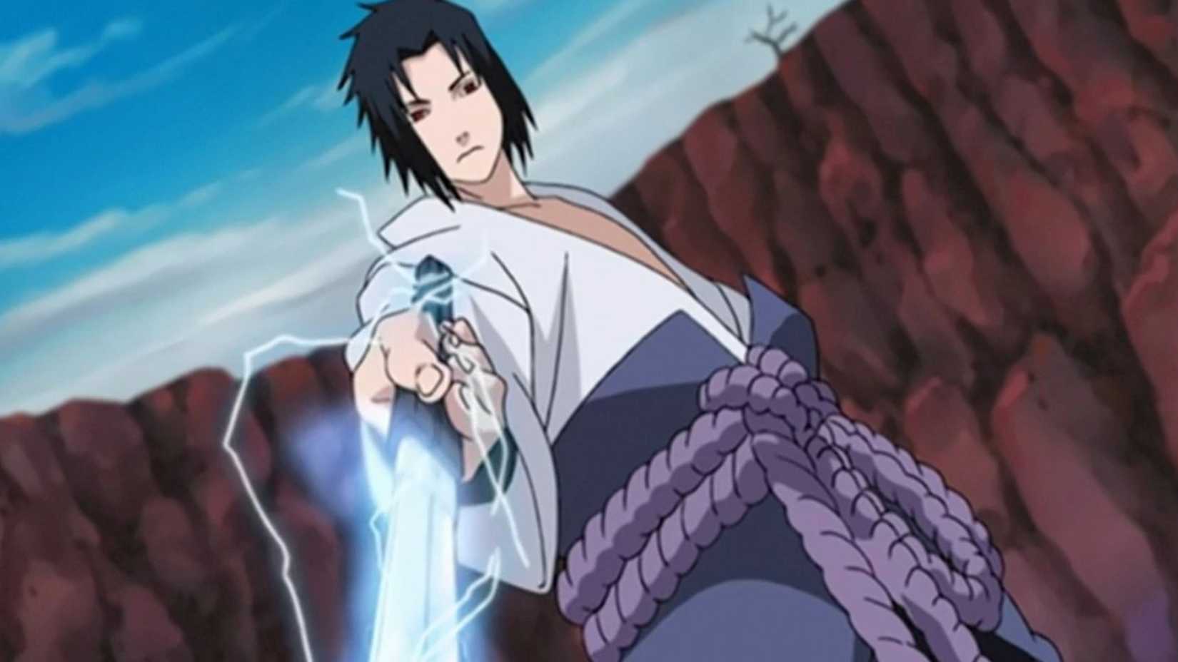 Sasuke Uchiha uses Lightning Release on his sword and points it Naruto anime