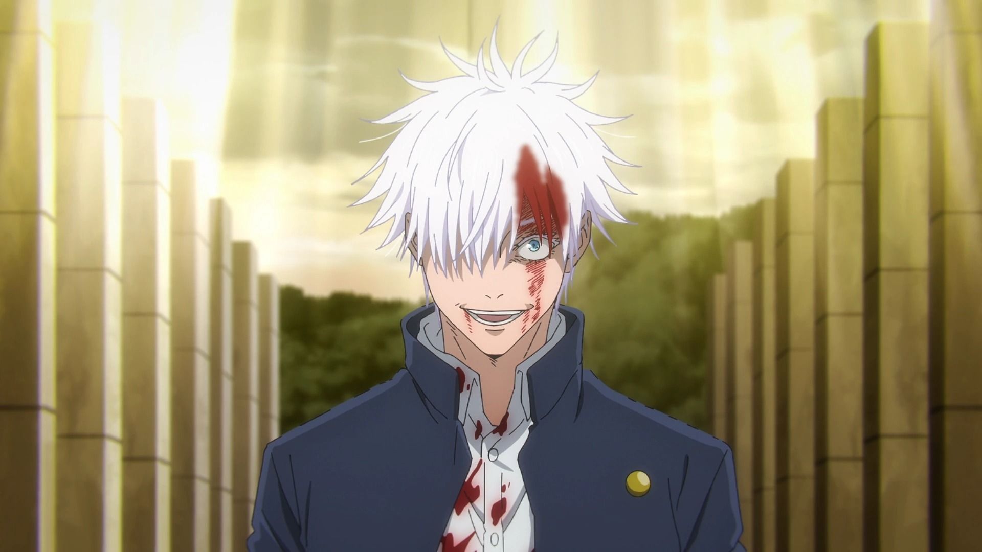 Satoru Gojo debout avec la tête en sang lors de son dernier combat contre Toji dans Jujutsu Kaisen