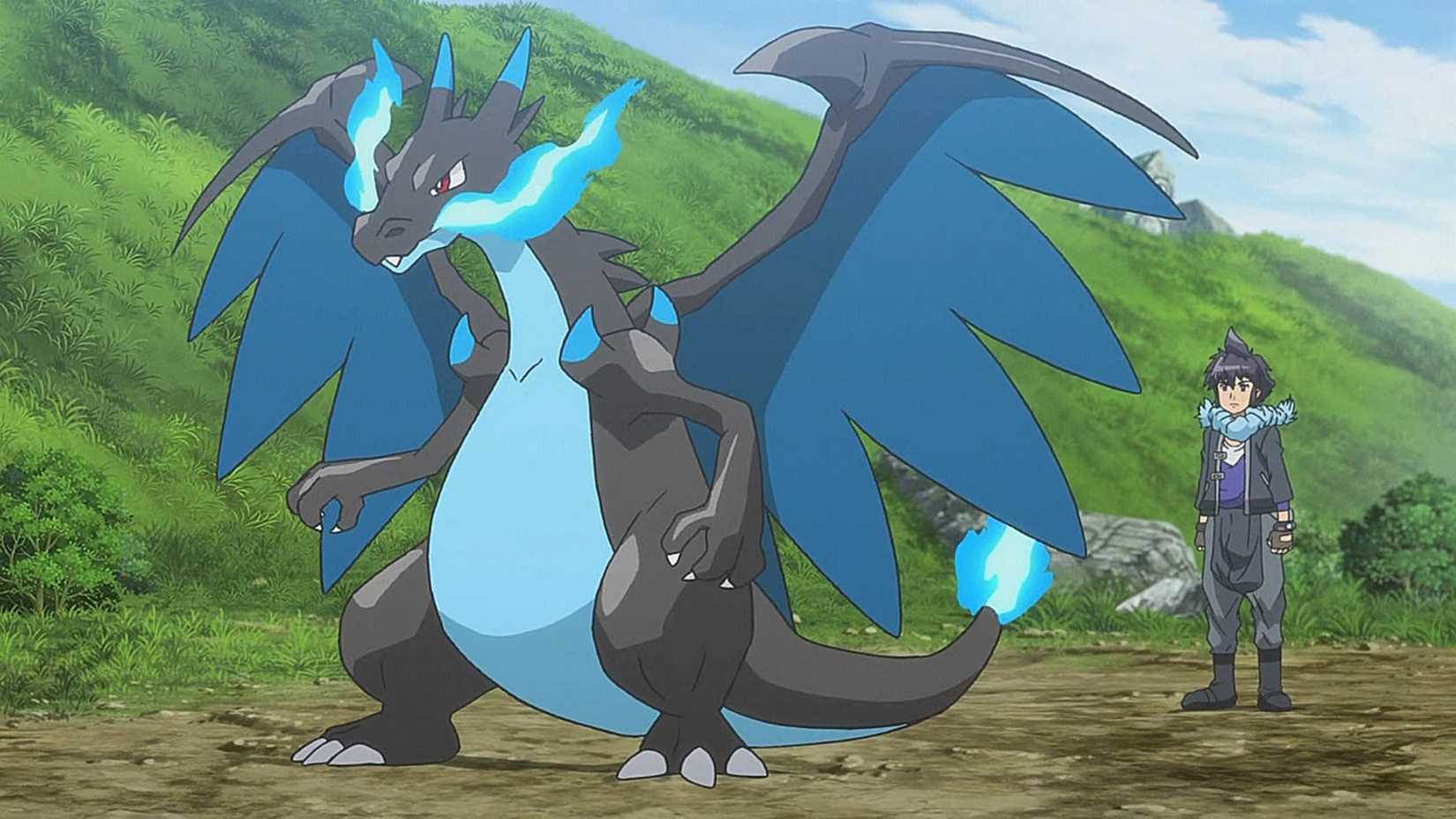 Alain and Mega Charizard X in Pokémon anime series