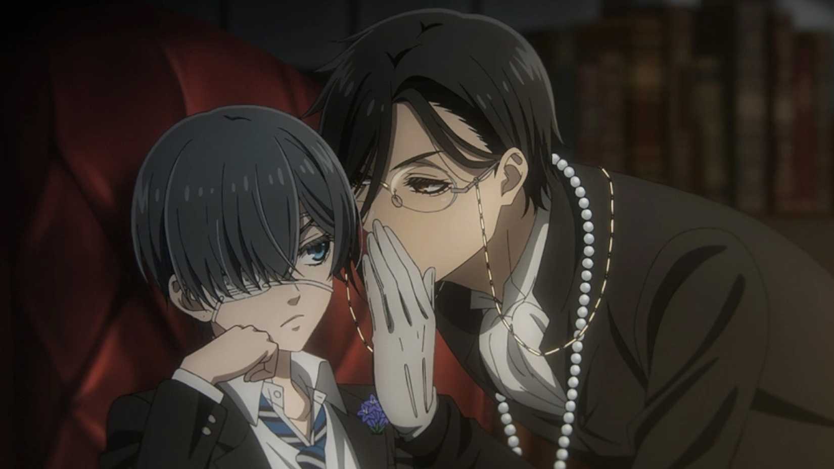 Sebastian Michaelis chuchotant à l'oreille de Ciel Phantomhive dans Black Butler
