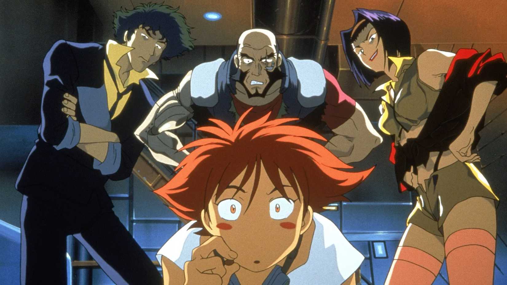 Spike, Jet and Faye watching Ed in Cowboy Bebop.