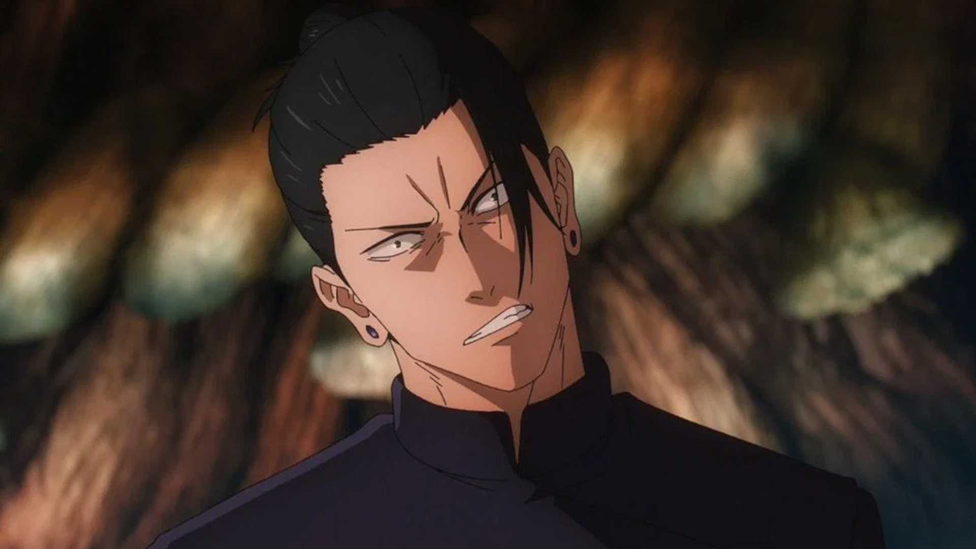 Suguru Geto in Jujutsu Kaisen making an angry face in battle with Toji