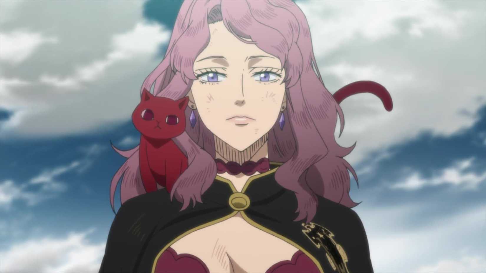 Vanessa Enotca with her red cat from Red Thread of Fate in Black Clover