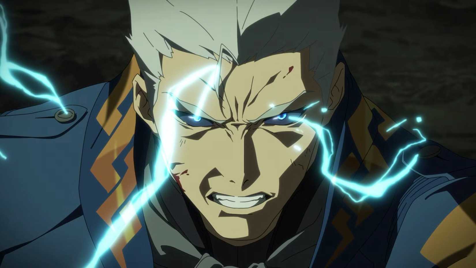 Vergil's eyes glow with blue lightning in the Devil May Cry anime