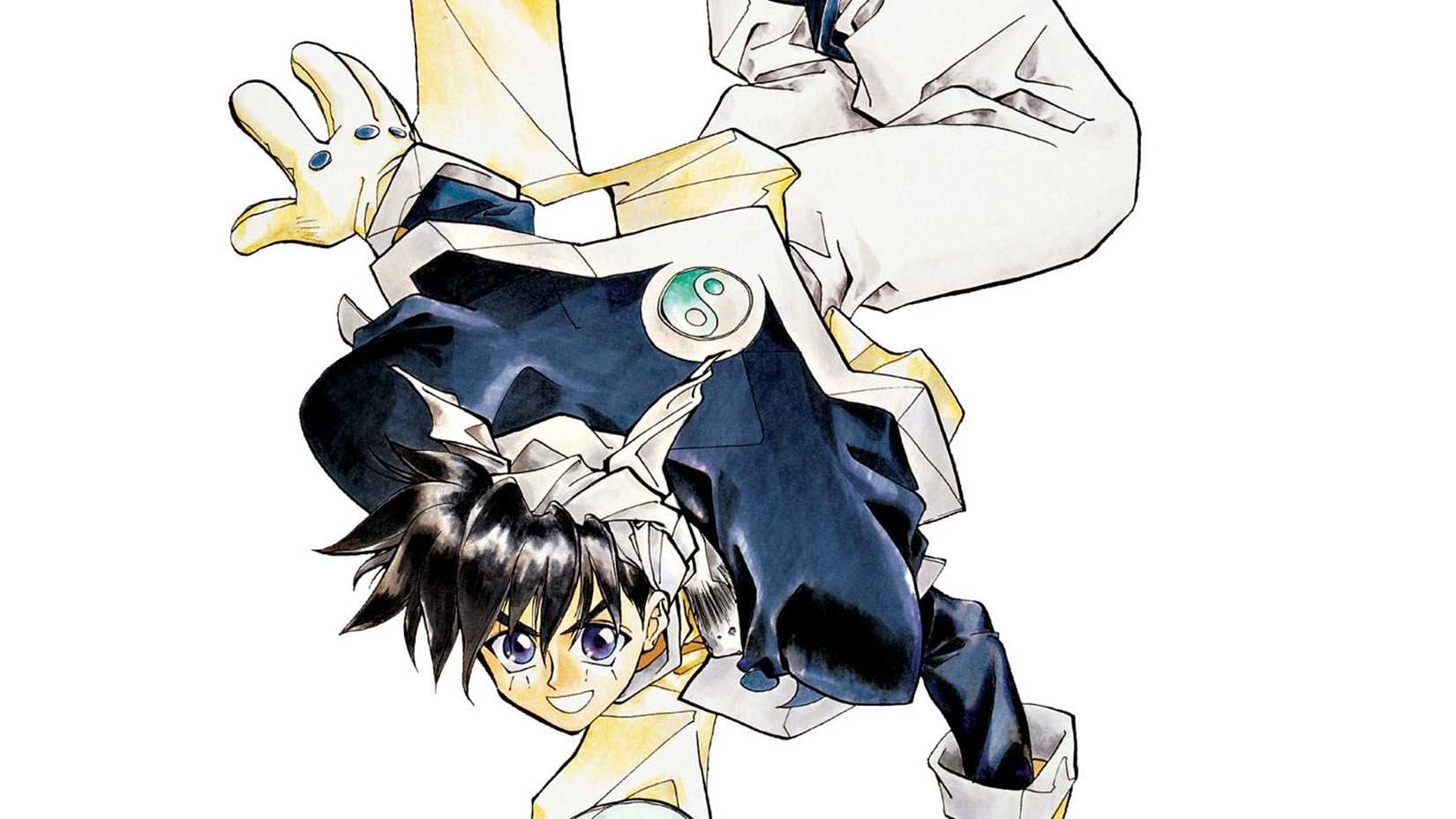 Taikobo floating in mid air using his wand while looking from upside down and smiling in Houshin Engi