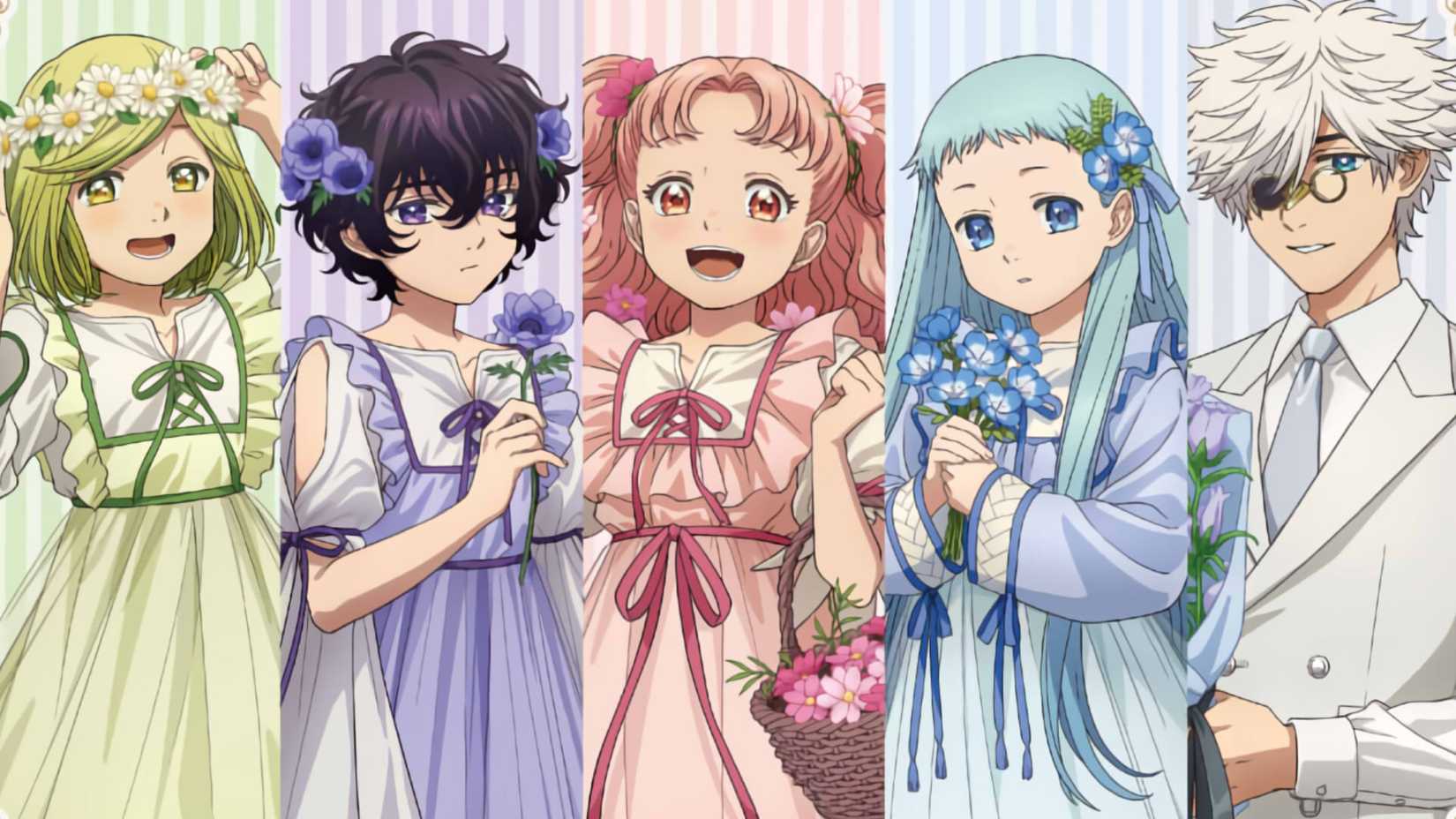 New anime art of Witch Hat Atelier characters - Qifrey, Coco, Agott, Tetia, and Richeh - all dressed up.