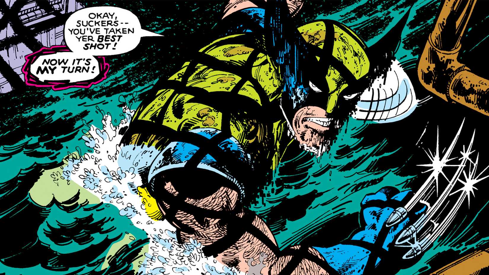Wolverine threatens enemies while chest-deep in raging water
