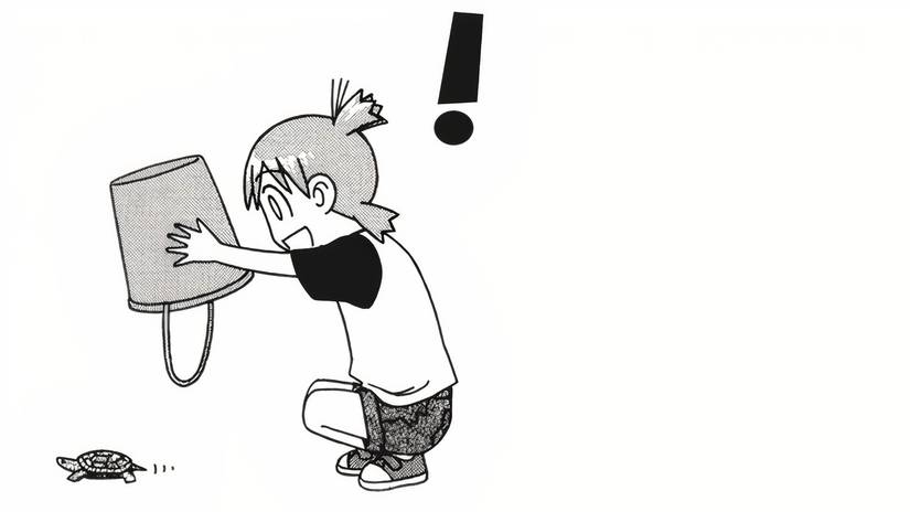 Yotsuba Koiwai plays with a turtle and a bucket in a Yotsuba manga panel
