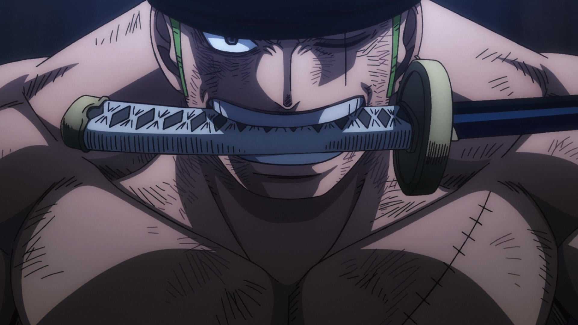 Roronoa Zoro in action holding sword in teeth in One Piece: Wano Country Arc