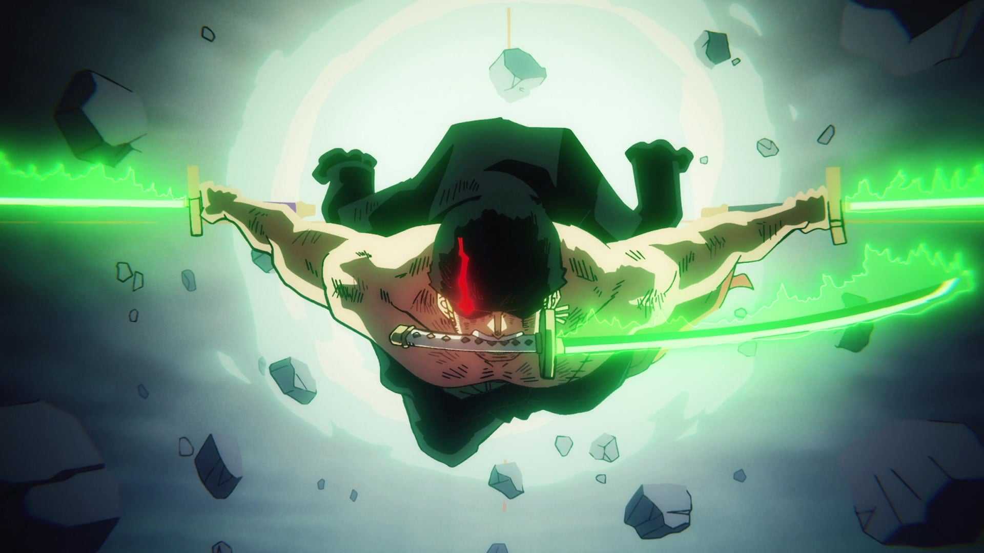 Roronoa Zoro wielding three swords in his fight against King in One Piece