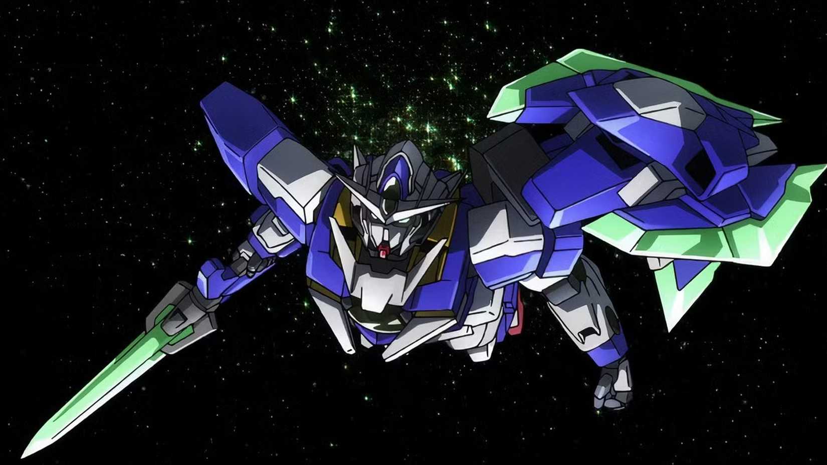 00 Qan T Gundam flying through space