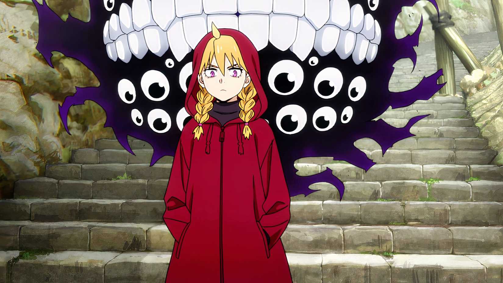 Gabby, a girl with blonde hair in a red hooded cloak stands on stone steps with her daemon Gabriel behind her in Daemons of the Shadow Realm