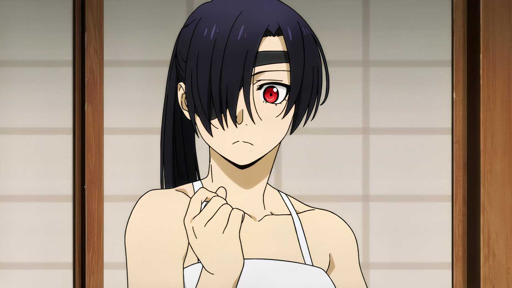 Asa a Young Woman with black hair a red aye and an eyepatch stands in a white camisole in a japanese house in daemons of the shadow realm