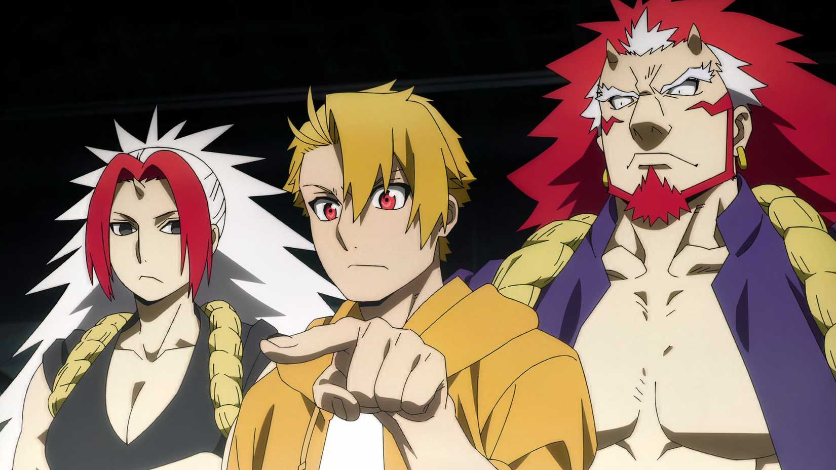 Yoru, a young man with red eyes in a yellow hoodie points with his left hand while standing between his daemons left and right in daemons of the shadow realm