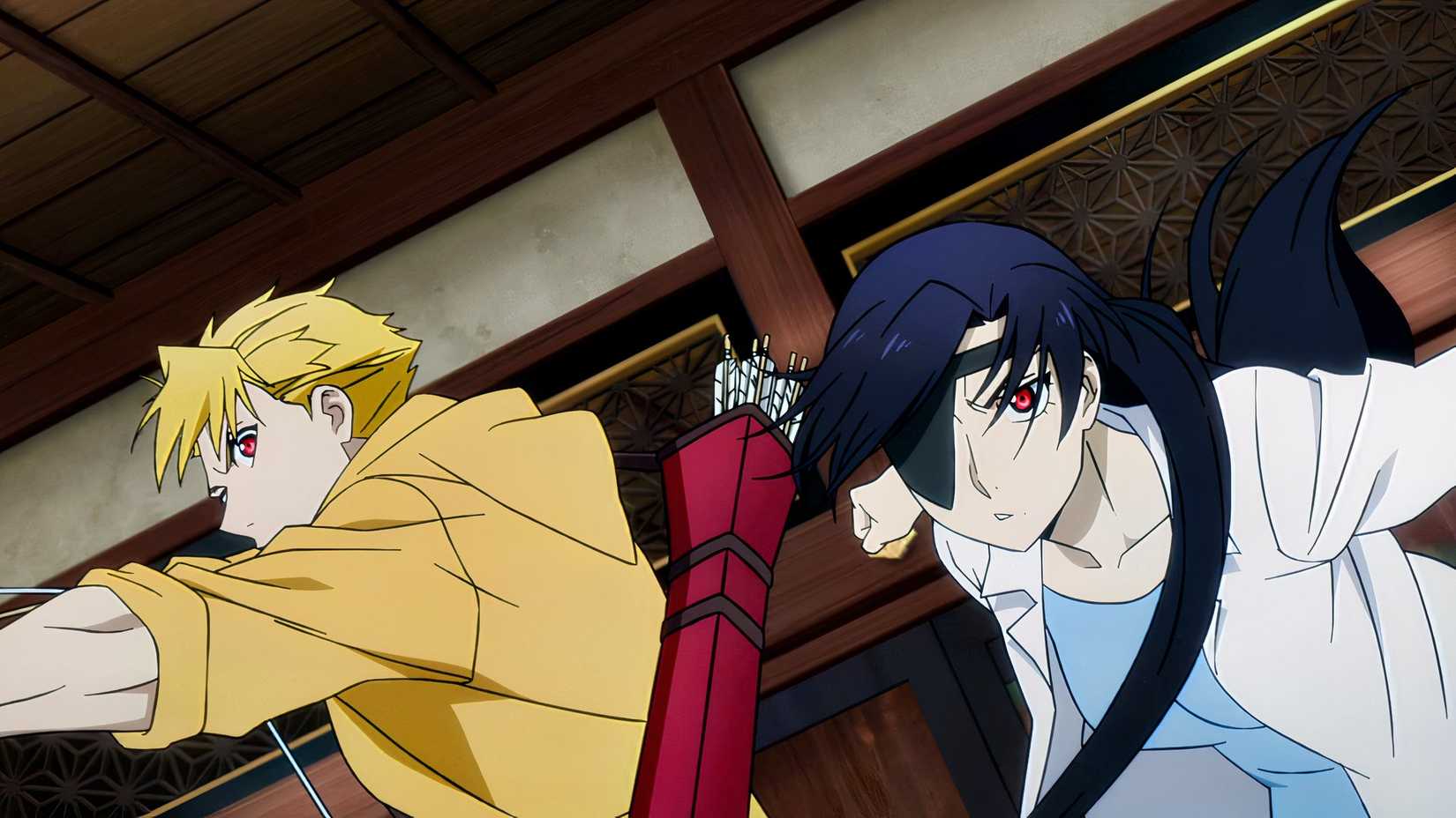 Yoru, a young man in  yellow hoodie with a bow and arrow stands ready to battle with Asa, a young woman in a white shirt with an eyepatch in Daemons of the Shadow Realm