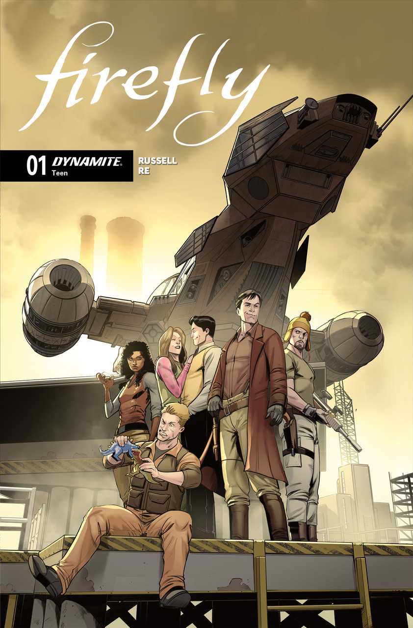 Oficjalna okładka pierwszego numeru komiksu Firefly wydawnictwa Dynamite, prezentująca kultową załogę statku na tle industrialnego krajobrazu.