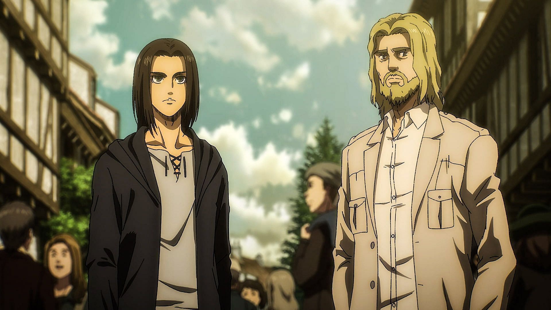 Eren and Zeke standing together in Attack on Titan anime