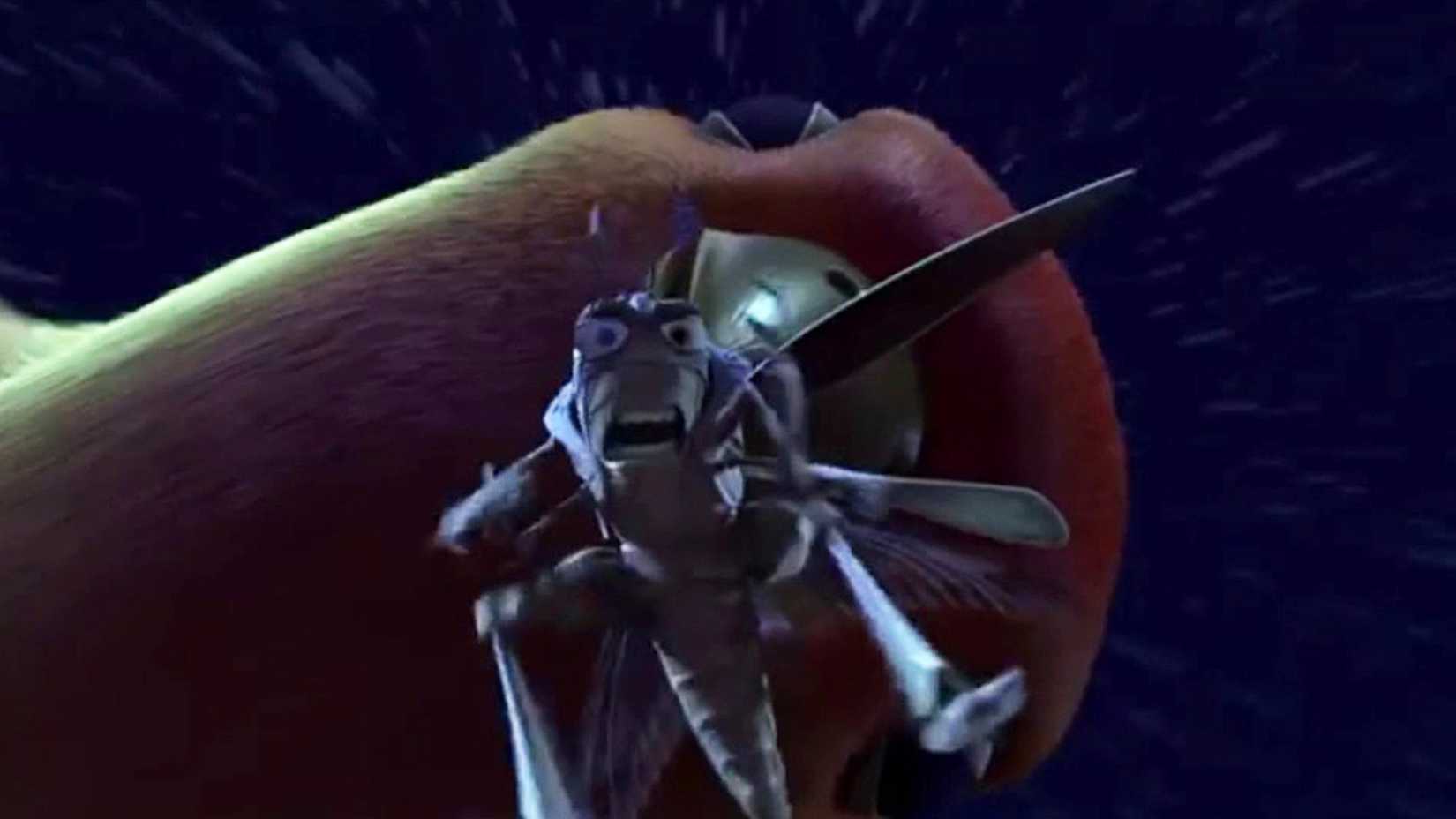 Hopper is being carried by a bird to his death in A Bug's Life.
