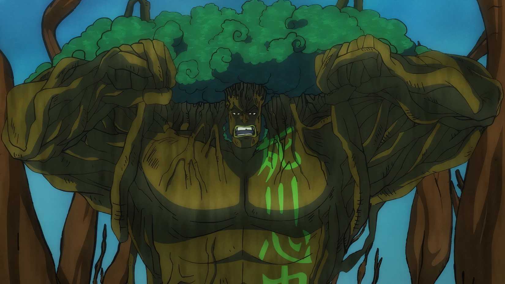 L'amiral Ryokugyu utilise son pouvoir de fruit du démon Woods Woods dans One Piece