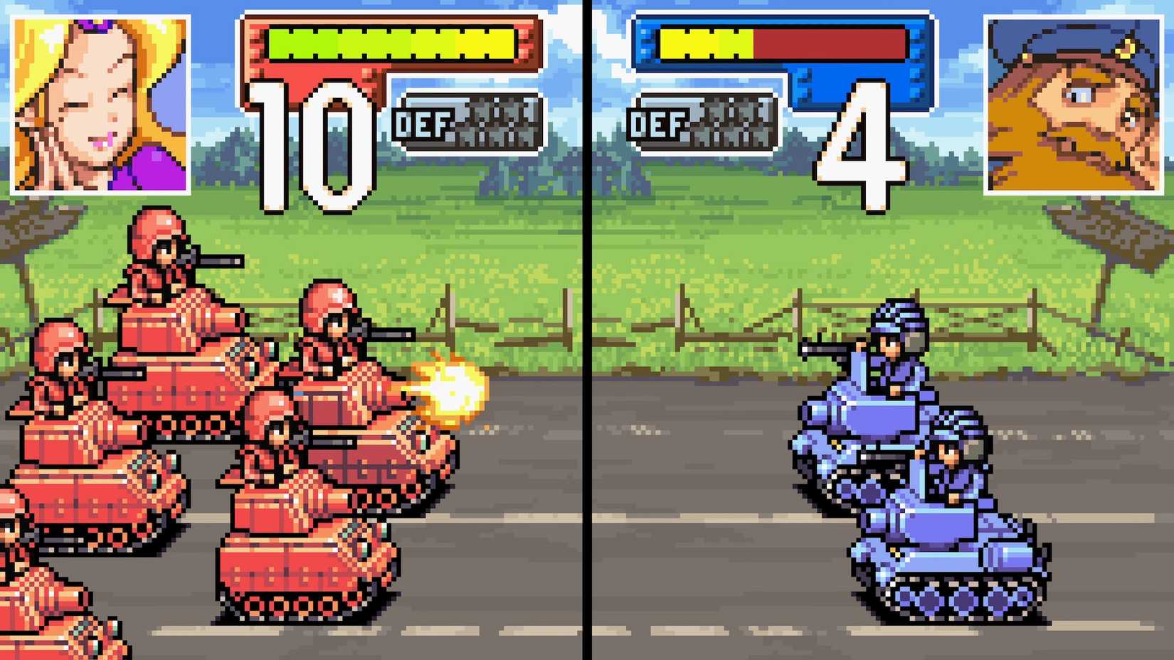 An Advance Wars screenshot featuring a red unit attacking a blue unit.