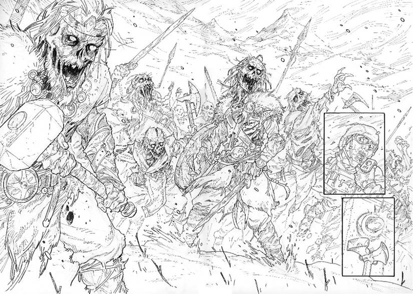 An uncolored pencil of Viking Zombies on the hunt from Quantum Leap Before the World Crumbles