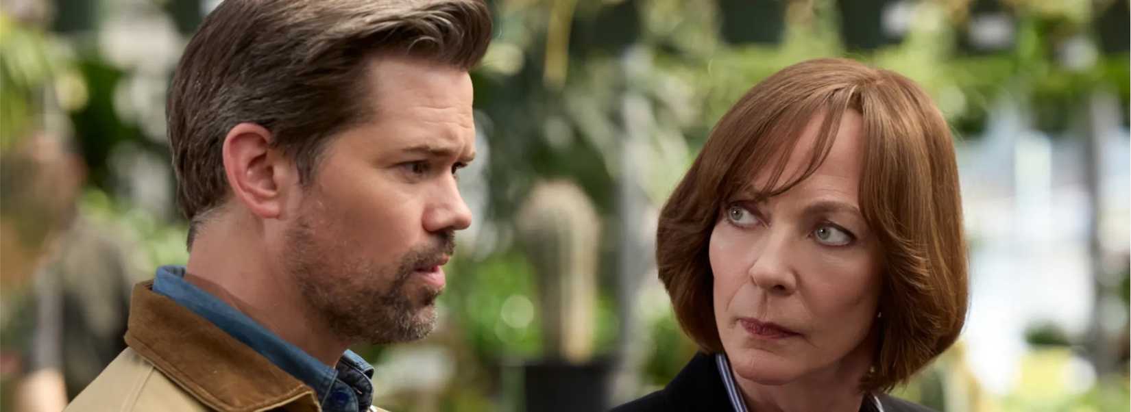 Andrew Rannells and Allison Janney sitting in Miss You, Love You