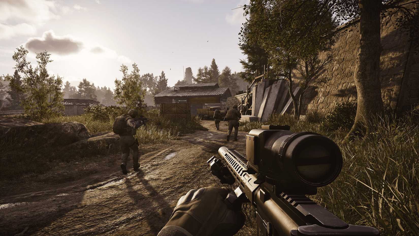 A character holding a sniper rifle in front of them as they walk behind their allies in Arena Breakout Infinite