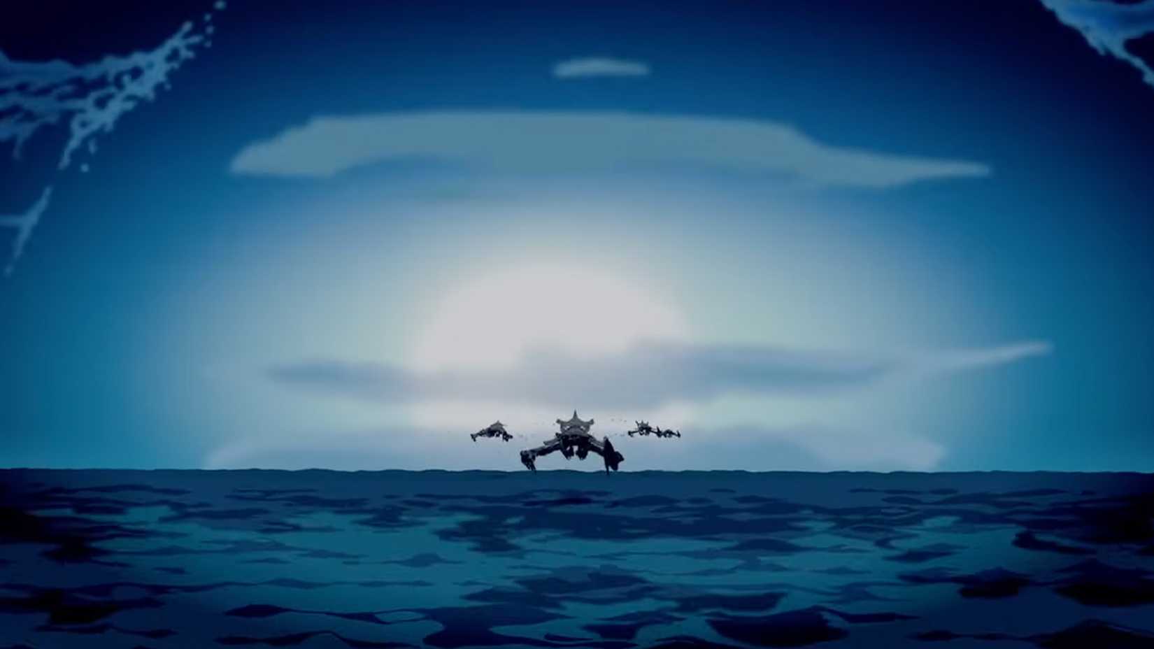 Flying machines run from an explosion over an ocean in Atlantis: The Lost Empire. 