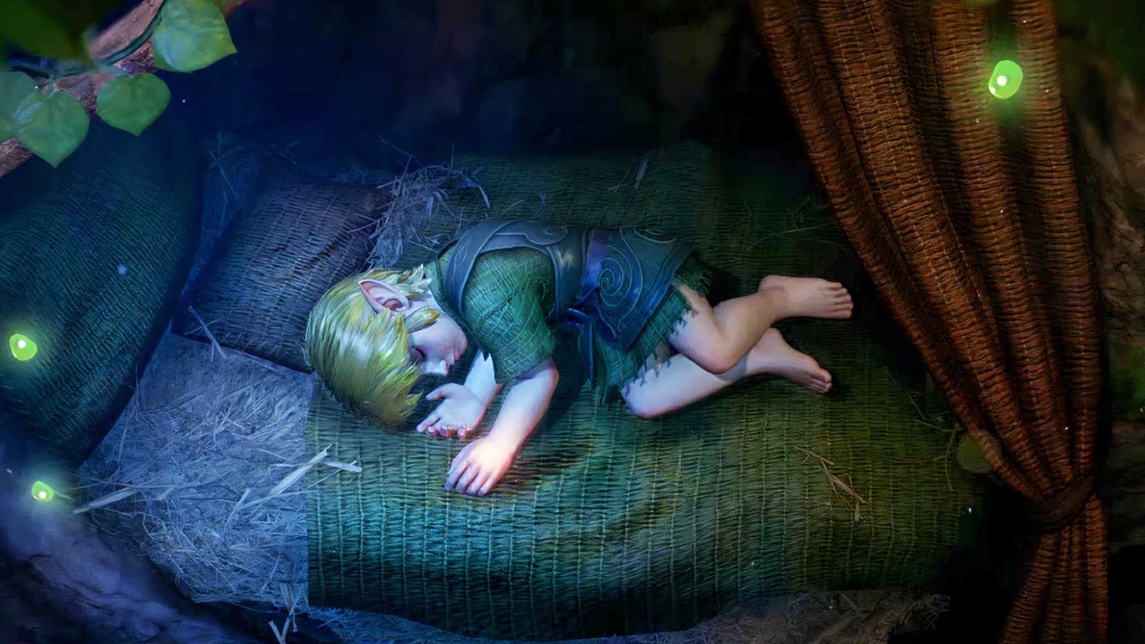 Link sleeps in Kokiri Forest in the Zelda: Ocarina of Time Switch 2 Remake