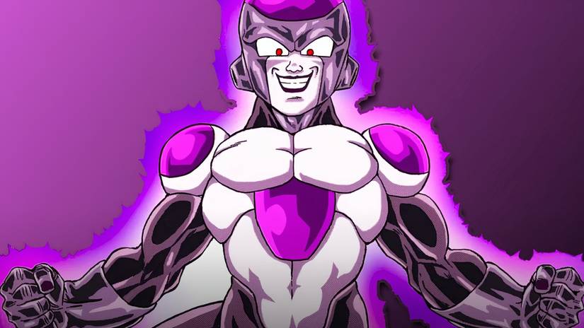 Black Frieza with a wild grin on his face in Dragon Ball Super