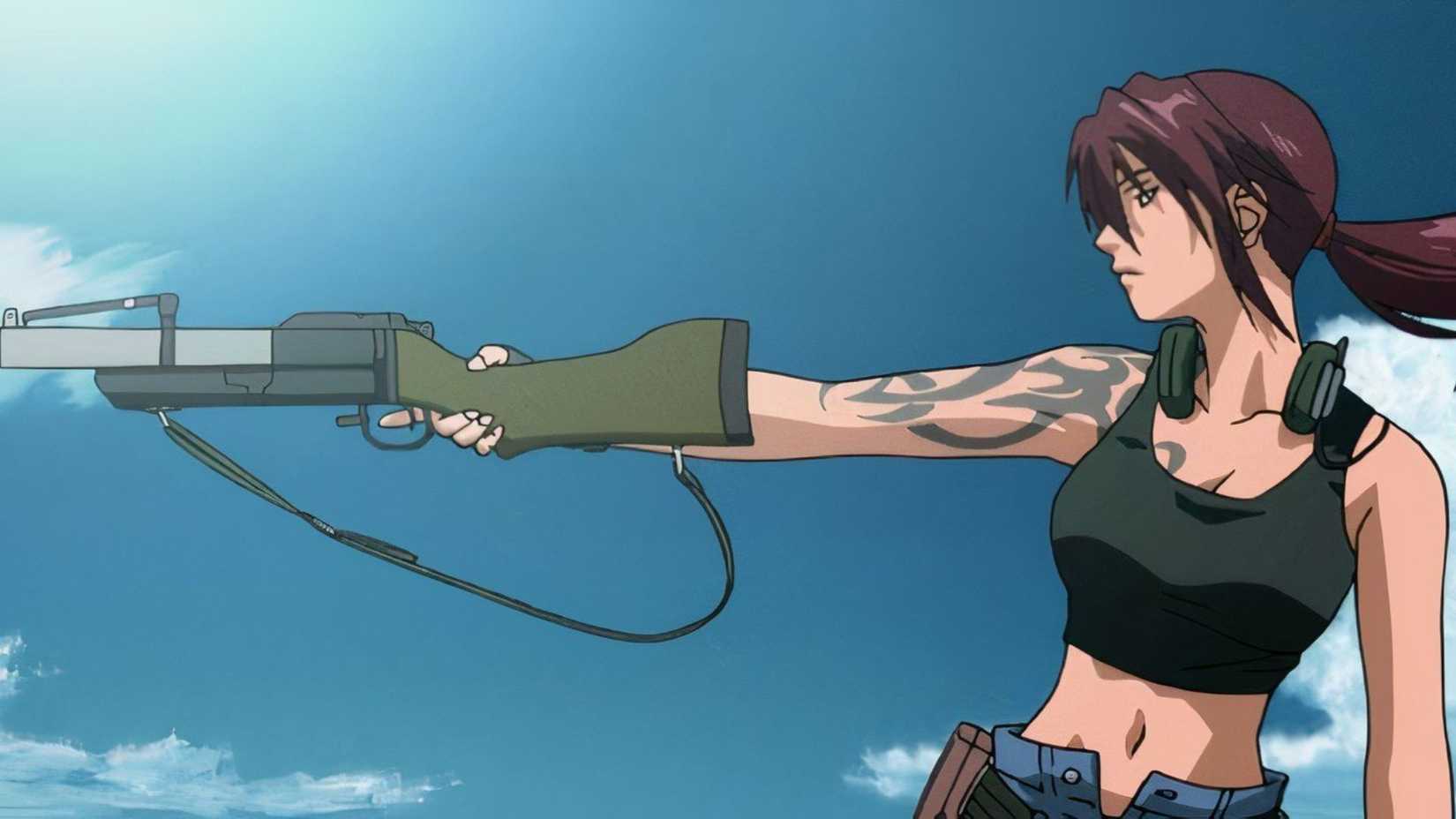 Black Lagoon Revy holding a gun with one tattooed arm while her ponytail blows back in the wind.