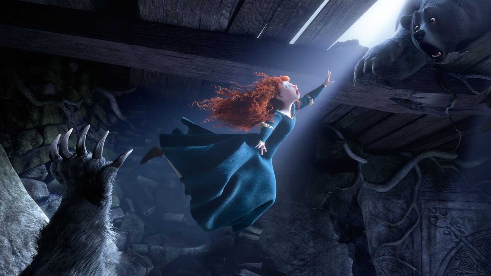 Merida jumps away from a Bear claw towards her mom in Brave.