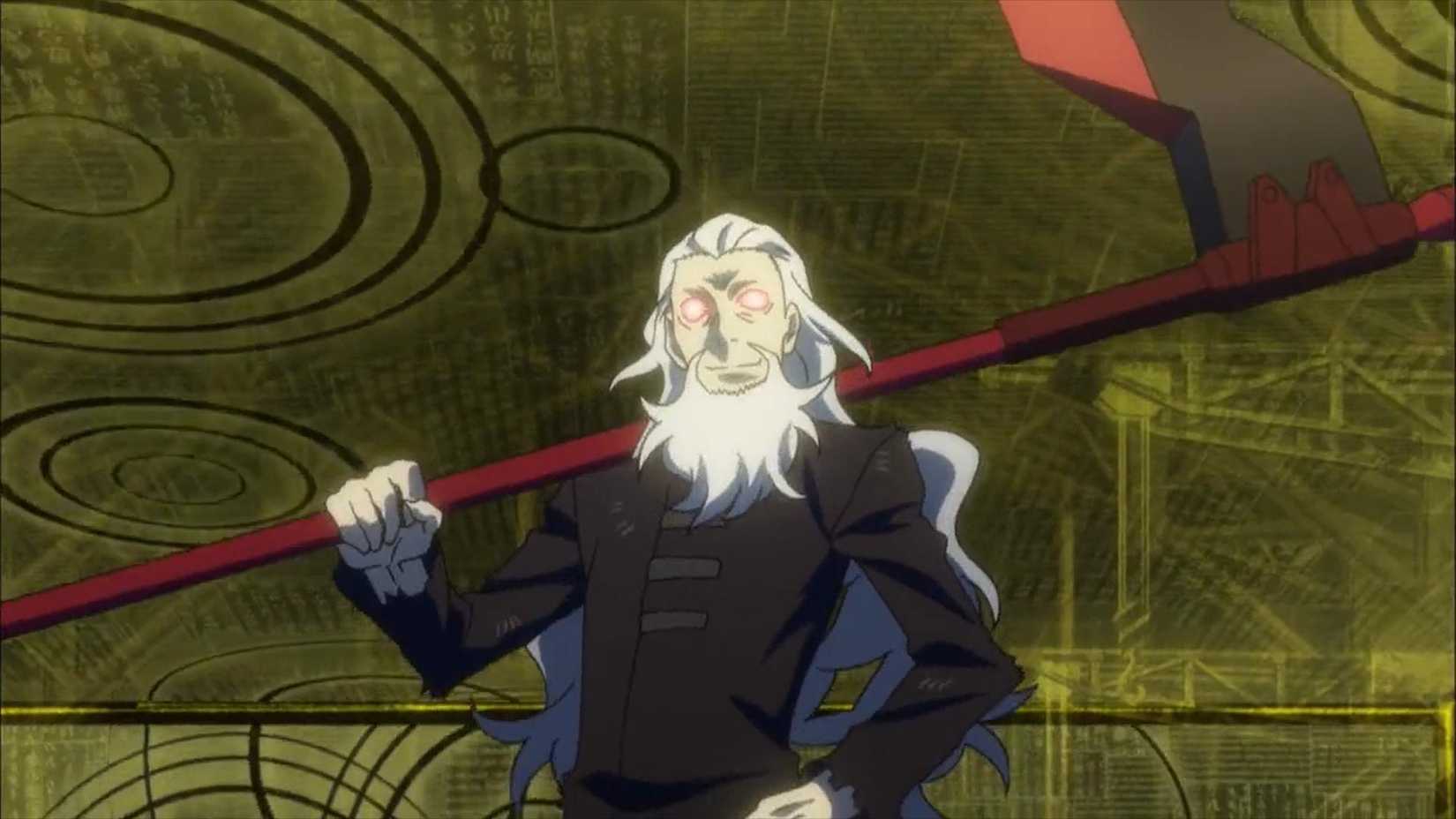 Bungo Stray Dogs previous mafia boss holding a scythe with red eyes