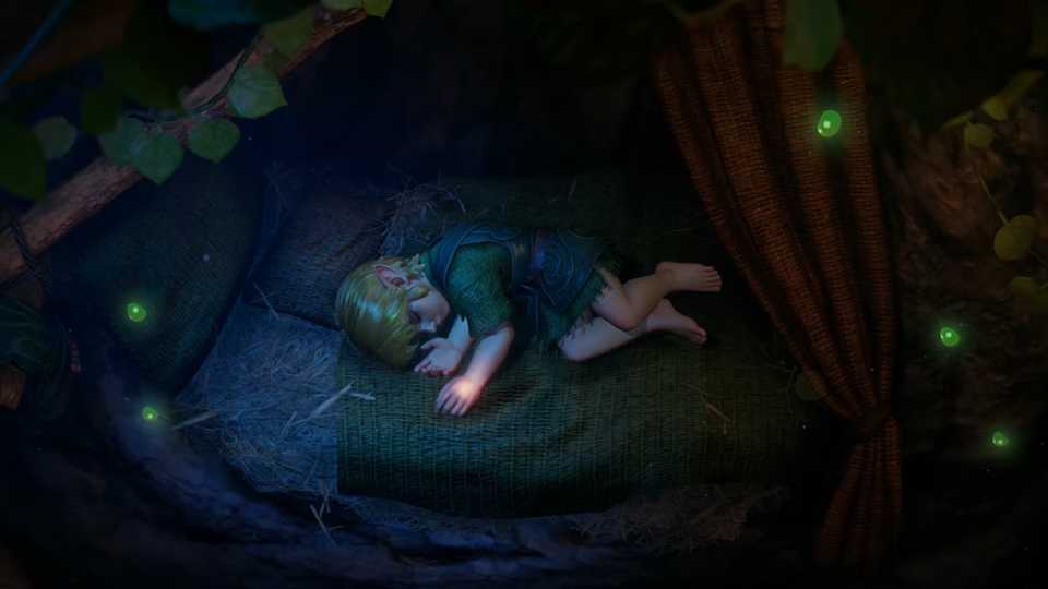 Link sleeps in Kokiri Forest in the Zelda: Ocarina of Time Switch 2 Remake