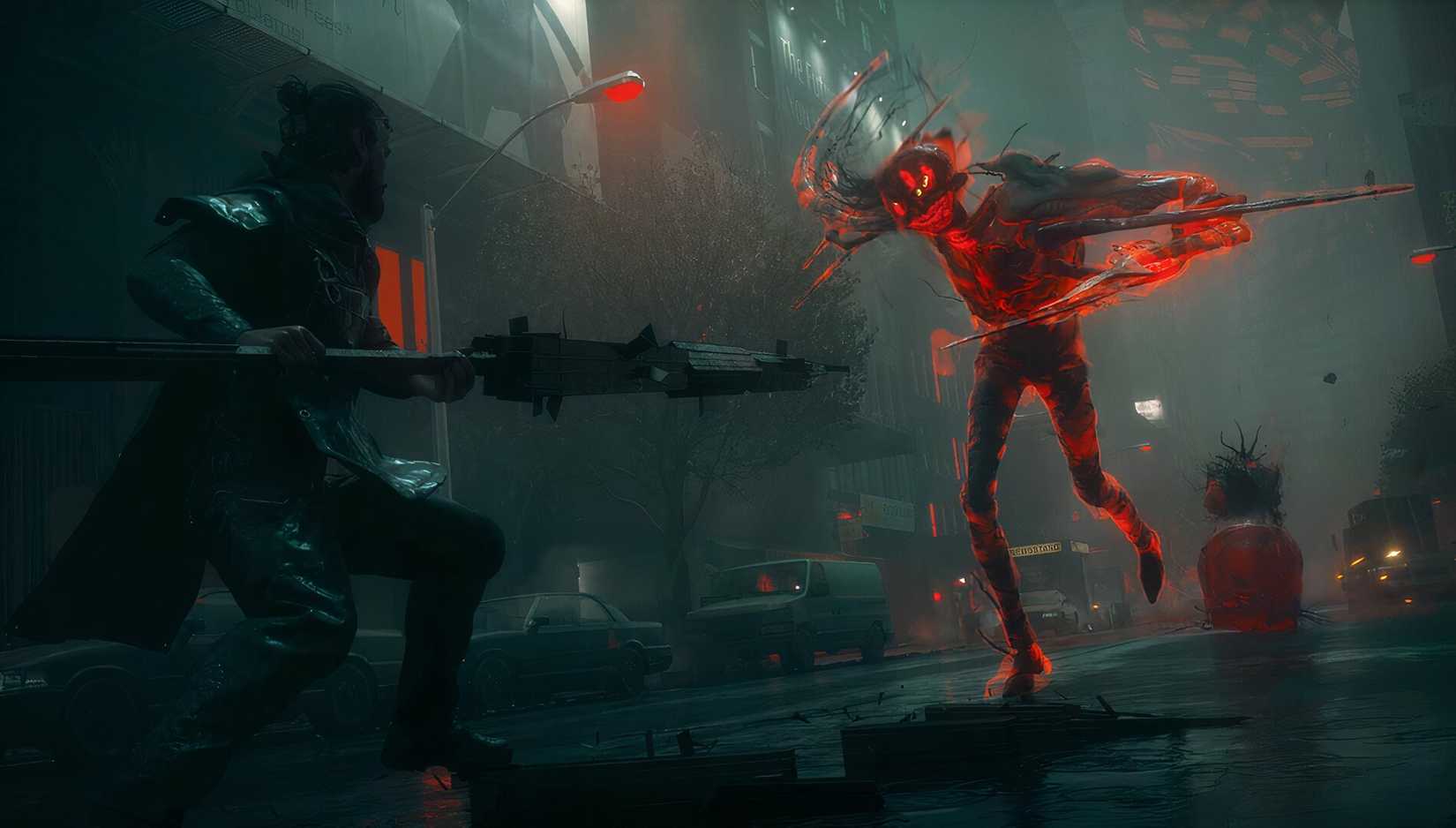 A man fighting a red creature on the street 