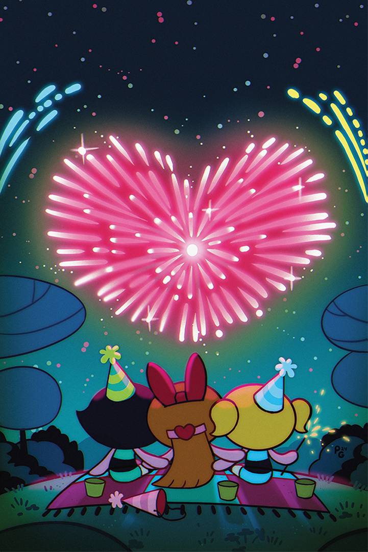 Cover for Powerpuff Girls Vol. 3 showing the sisters watching heart-shaped fireworks